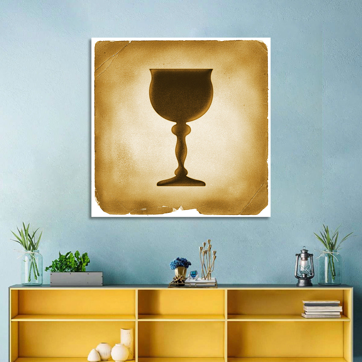 Holy Grail Chalice Illustration Wall Art in a room, square