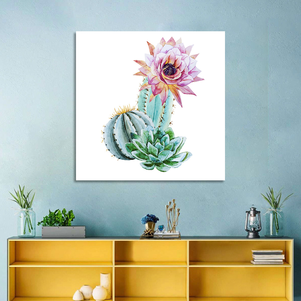 Blooming Cactus Watercolor Wall Art in a room, square