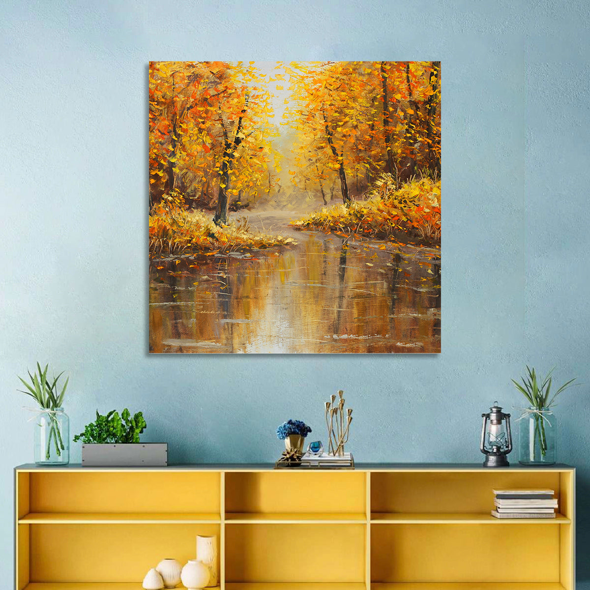 Golden Autumn River Reflection Wall Art in a room, square