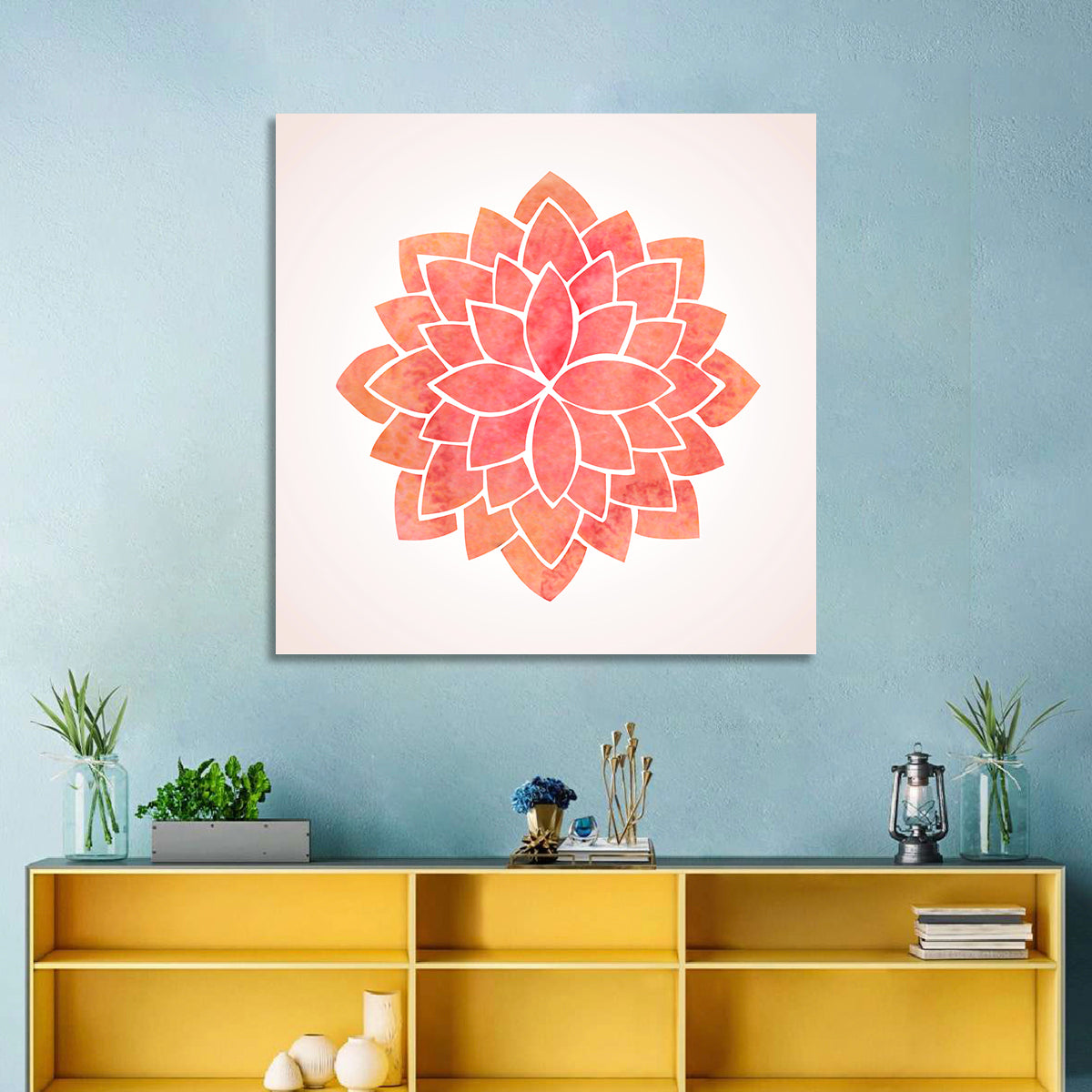 Red Lotus Mandala Wall Art in a room, square