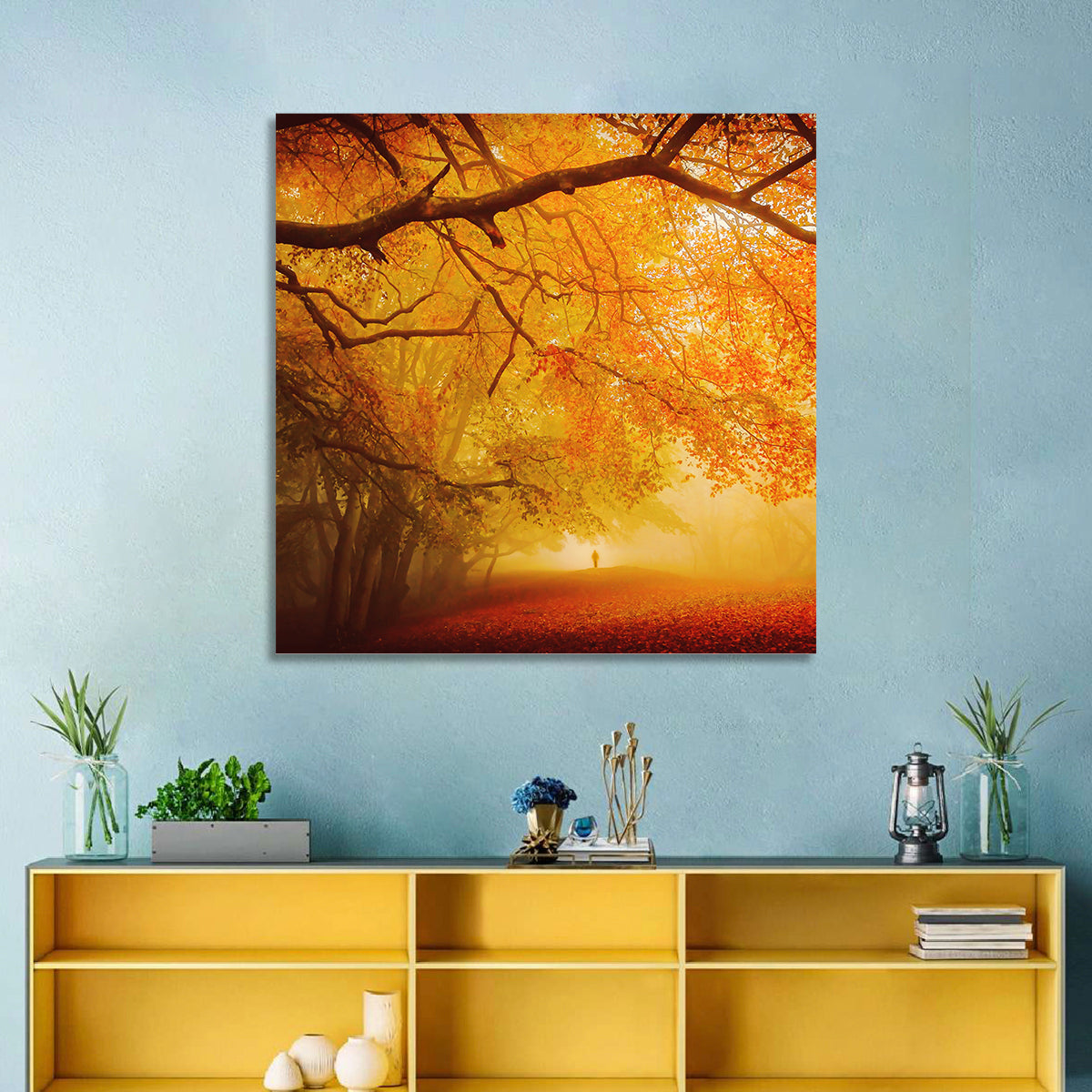 Autumn Forest Path with Lone Figure Wall Art