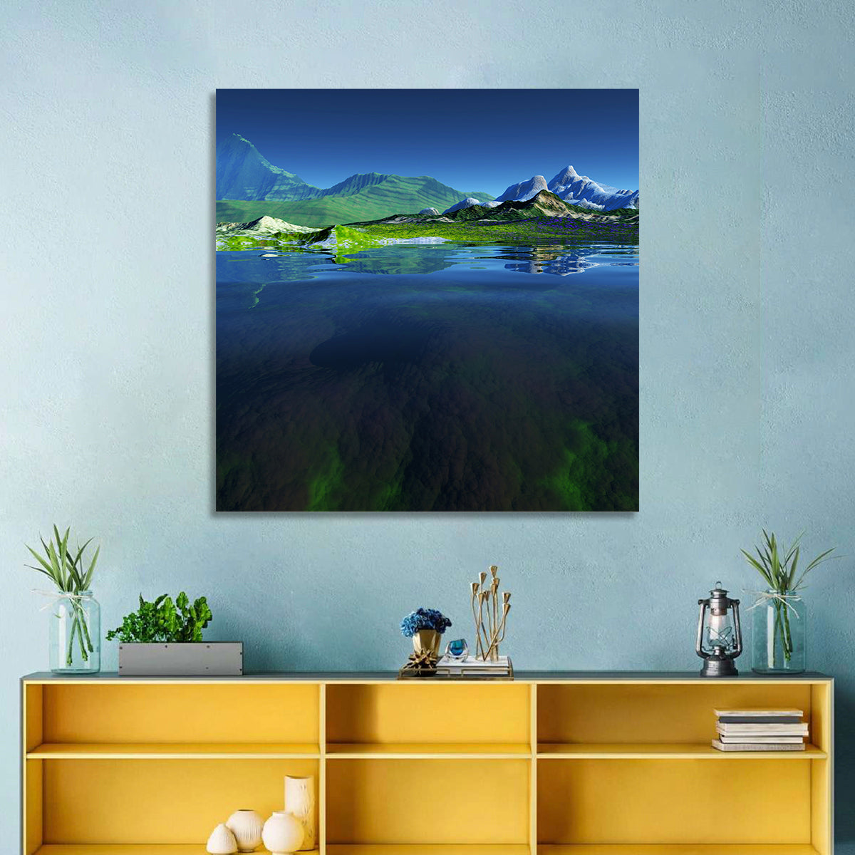 Mountain Lake Split View Wall Art in a room, square