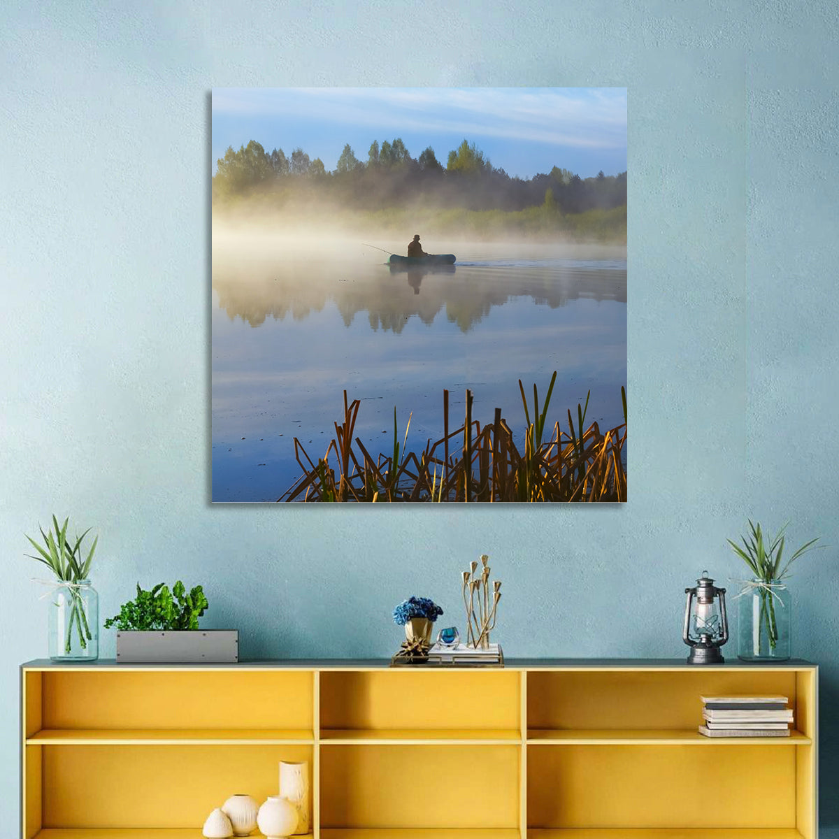 Misty Lake Fisherman Wall Art