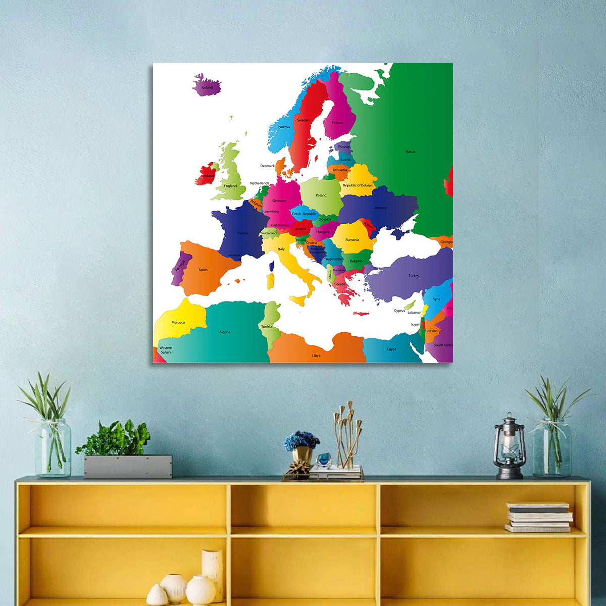 Modern Coloured Map of Europe Wall Art in a room, square