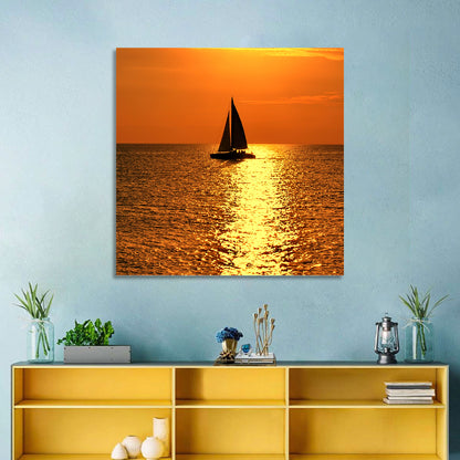 Sailboat Silhouette at Golden Sunset Wall Art