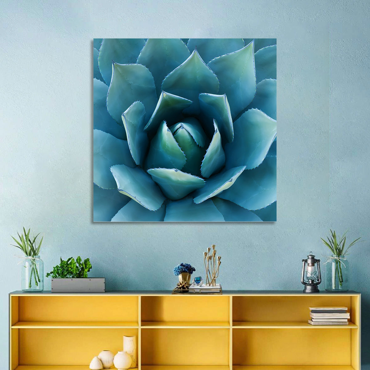 Spiral Agave Macro Wall Art in a room, square