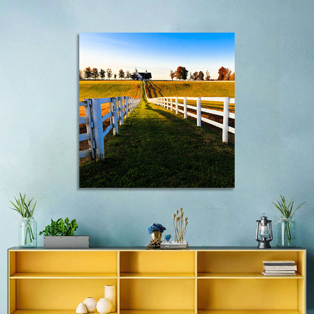 Kentucky Horse Farm at Golden Hour Wall Art in a room, square
