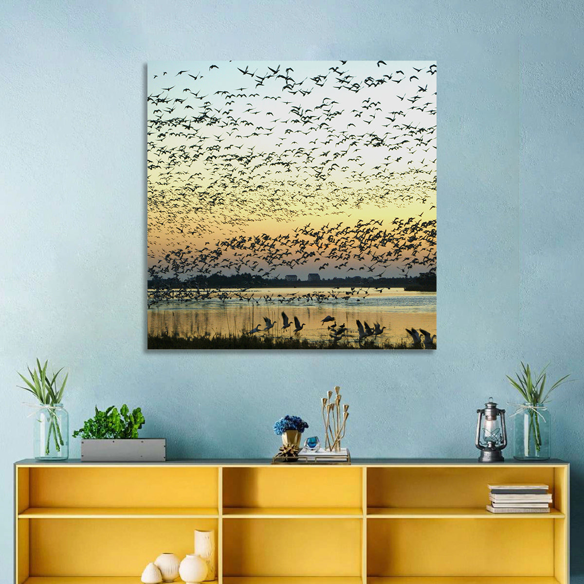 Snow Geese Over River Wall Art