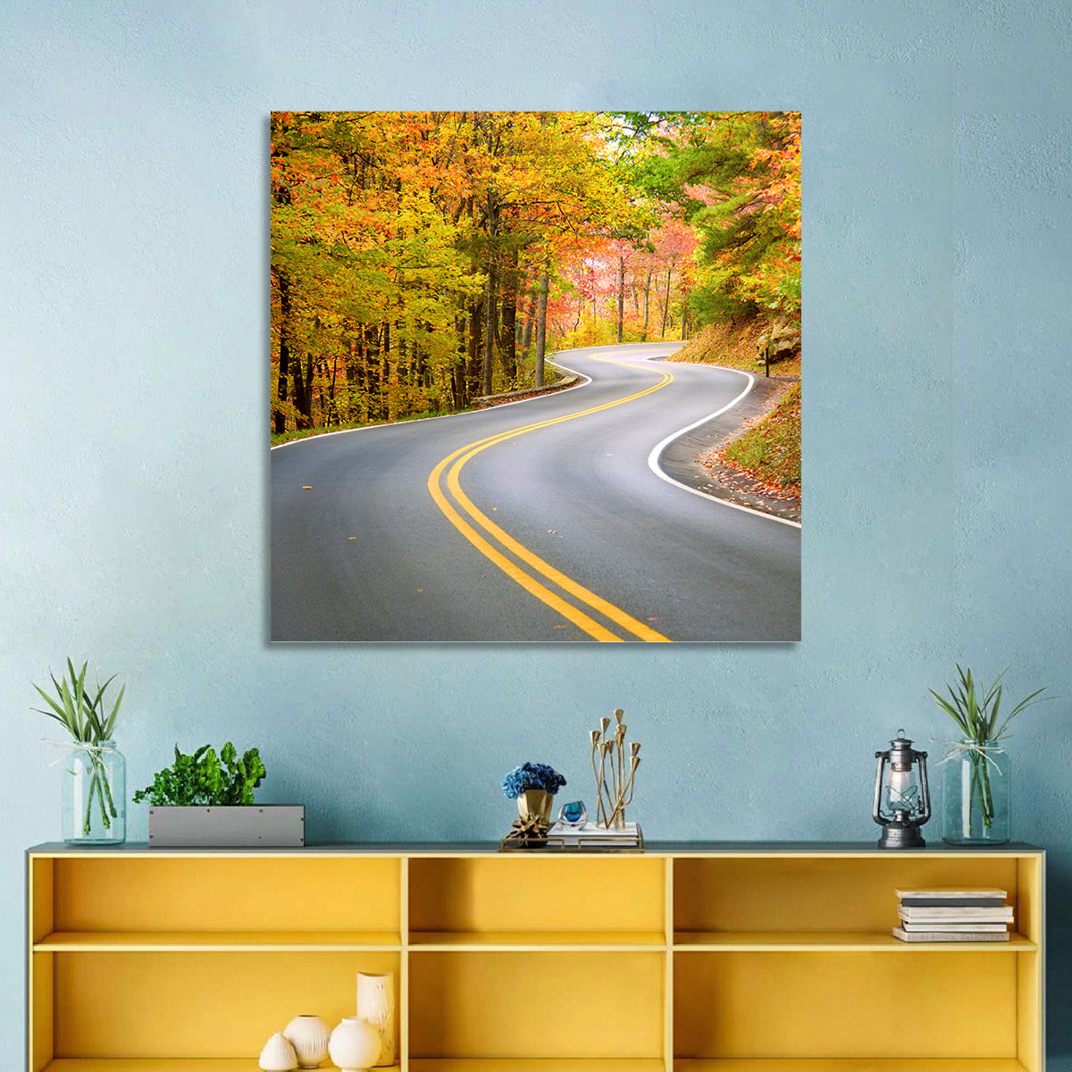 Winding Autumn Road Wall Art in a room, square