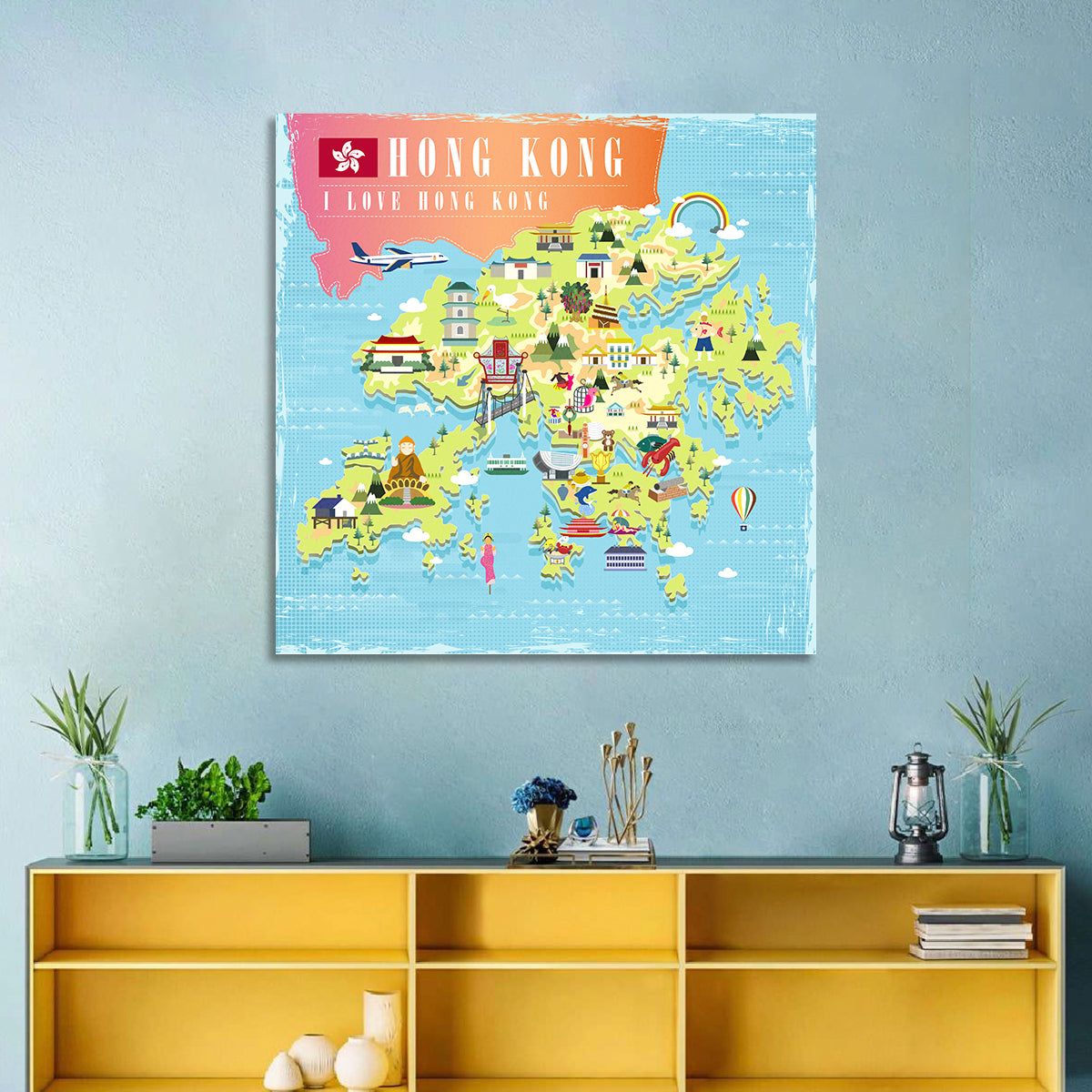 I Love Hong Kong Illustrated Cultural Map Wall Art in a room, square