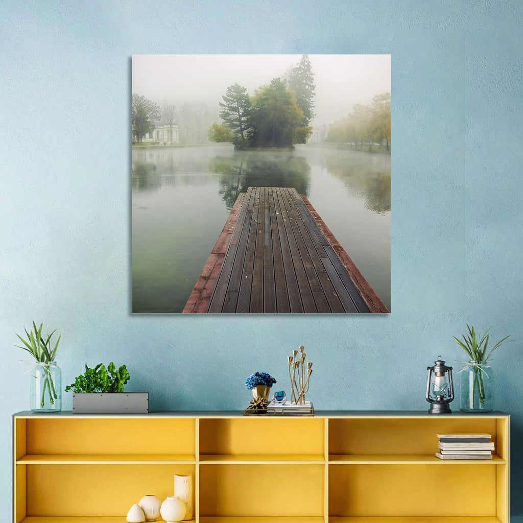 Wooden Pier on Foggy Lake Wall Art