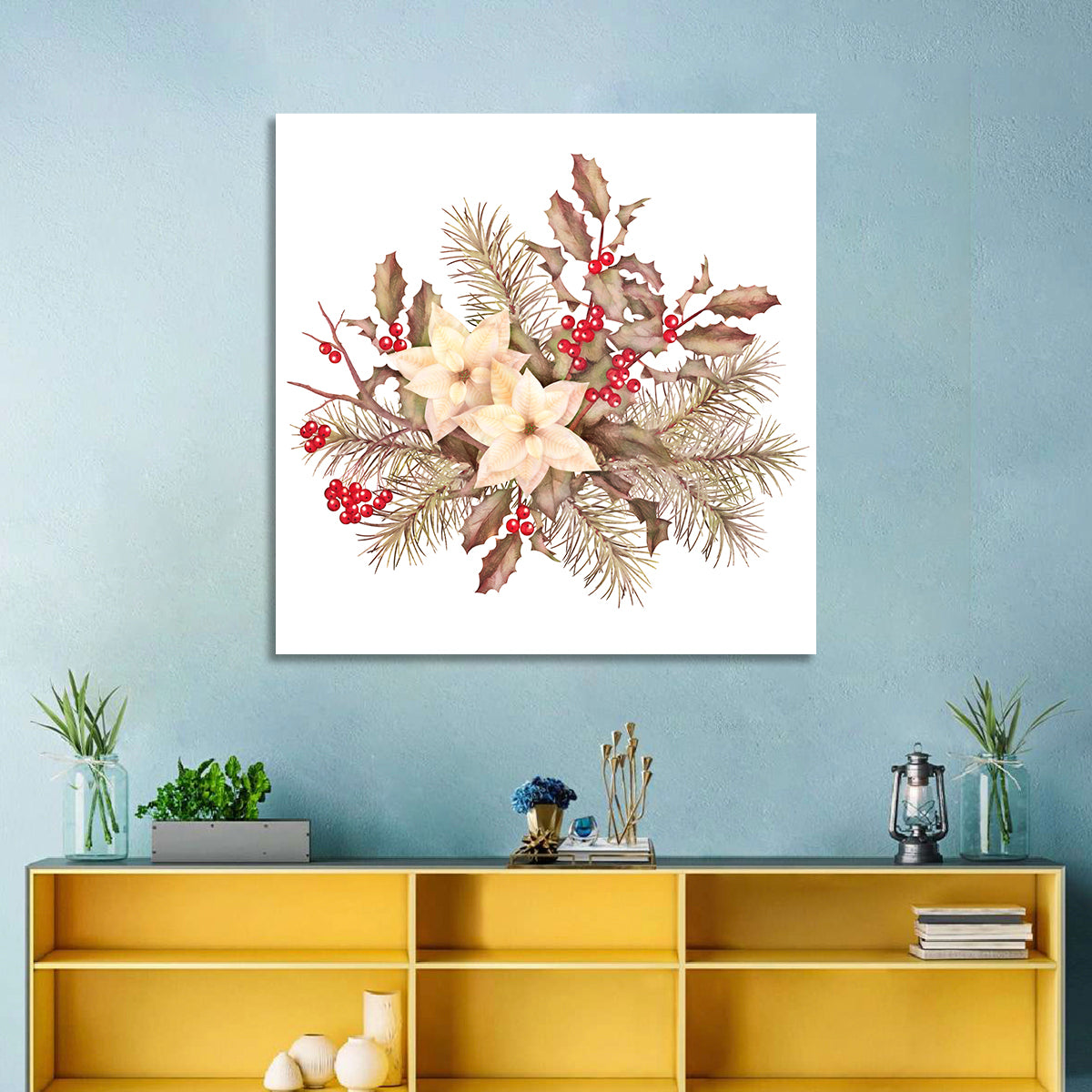Retro Poinsettia Bouquet Wall Art in a room, square