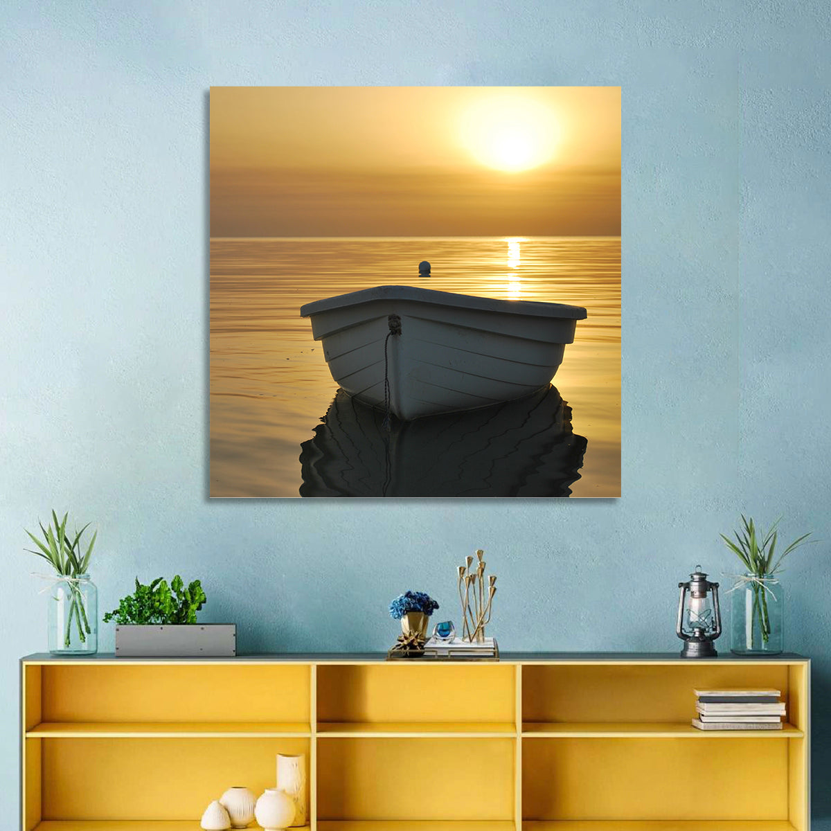 White Rowboat on Golden Sea Wall Art