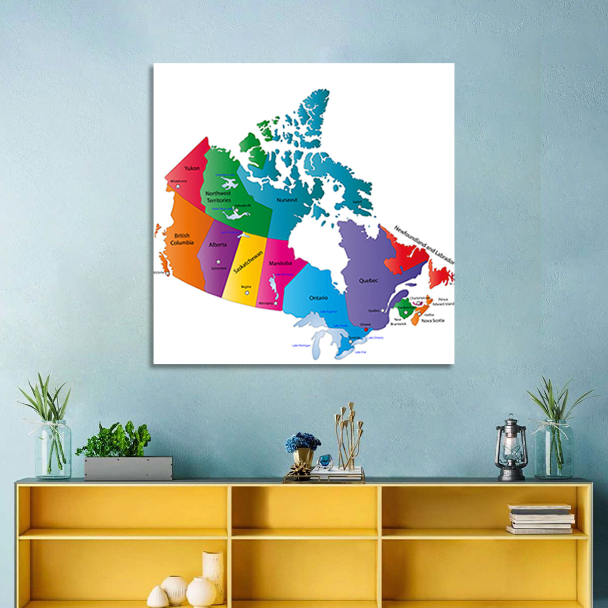 Colorful Canada Map Illustration Wall Art in a room, square