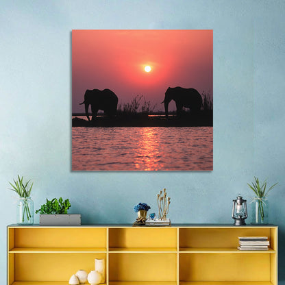 Elephants at Sunset Silhouette Wall Art