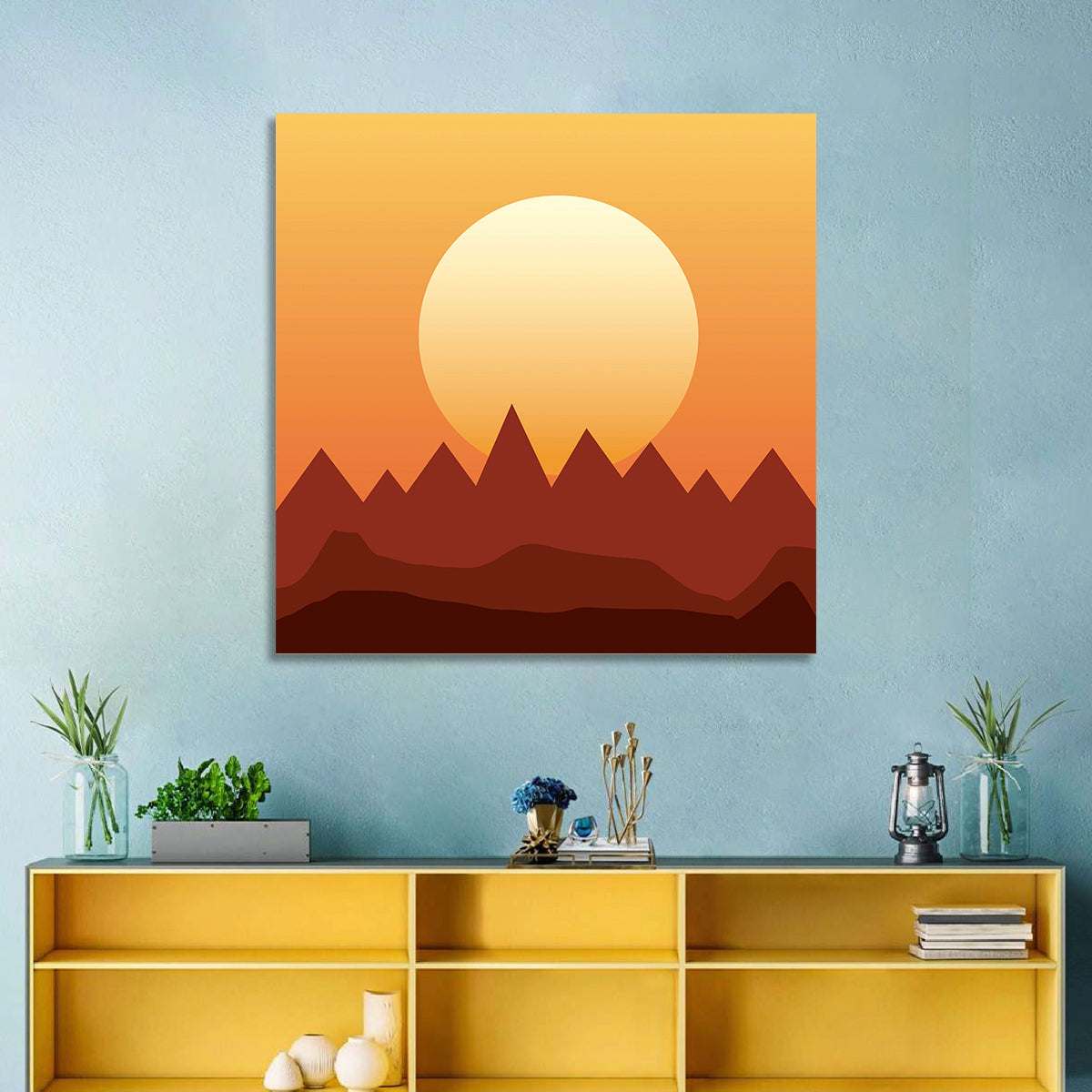 Geometric Mountain Sunset Wall Art in a room, square
