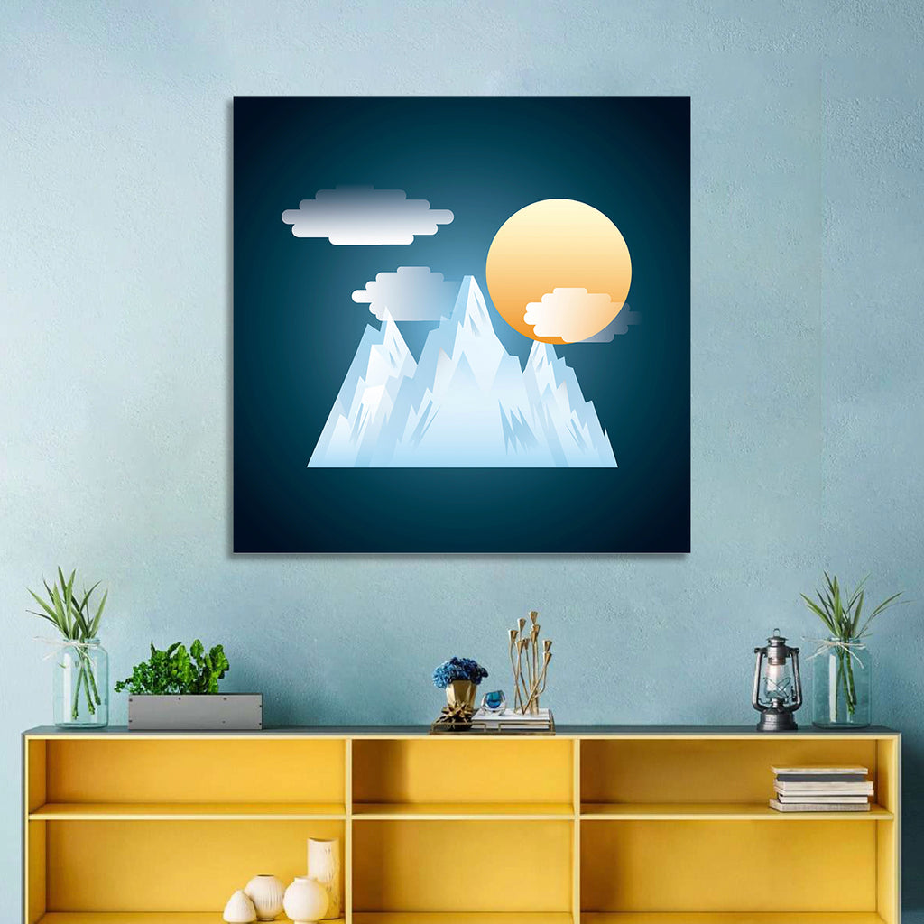 Geometric Snowy Mountain with Golden Sun Wall Art