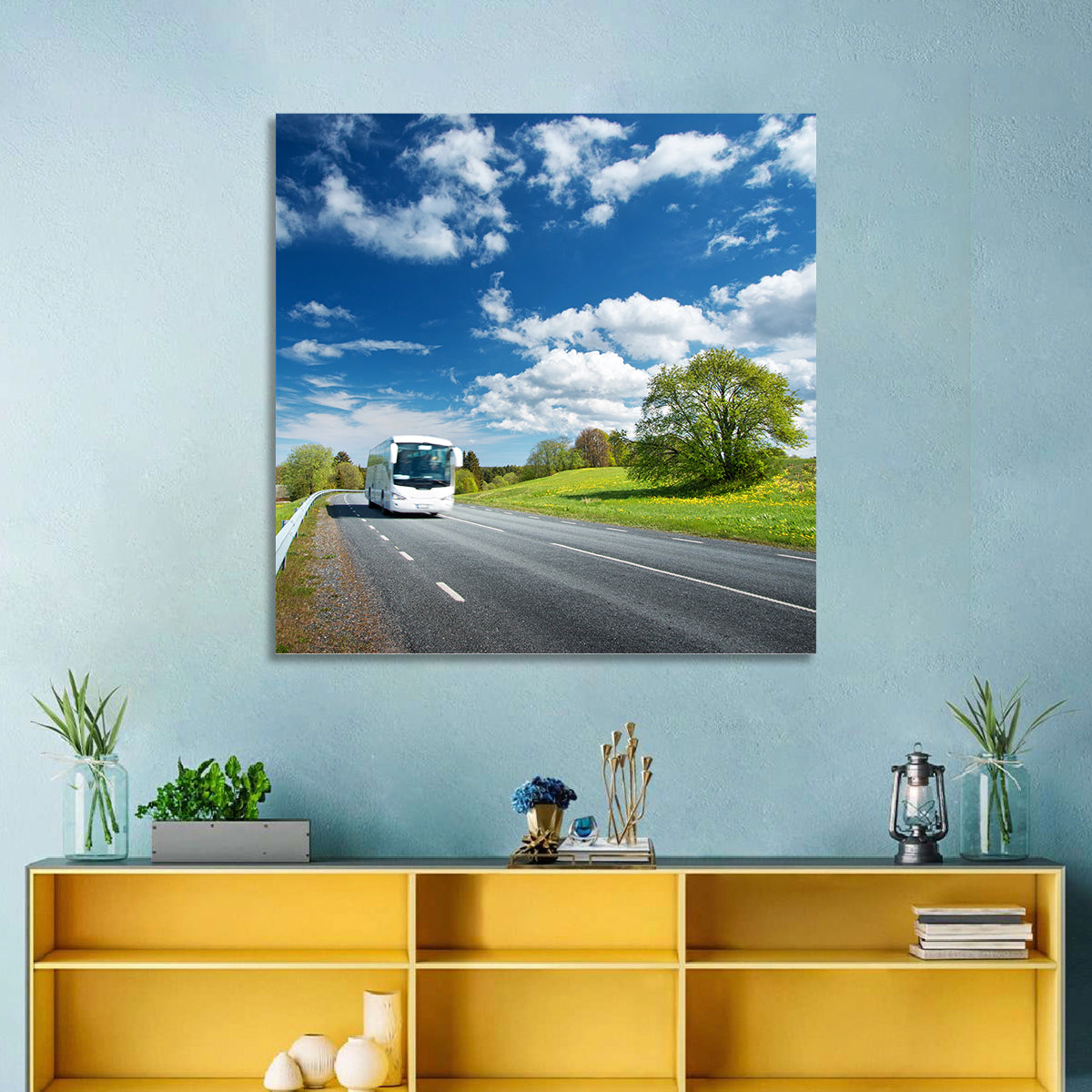 White Bus on Meadow Road Wall Art
