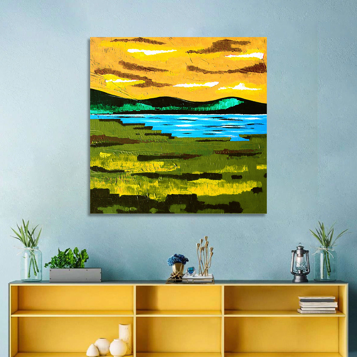 Golden Hour Mountain Lake Abstract Wall Art in a room, square