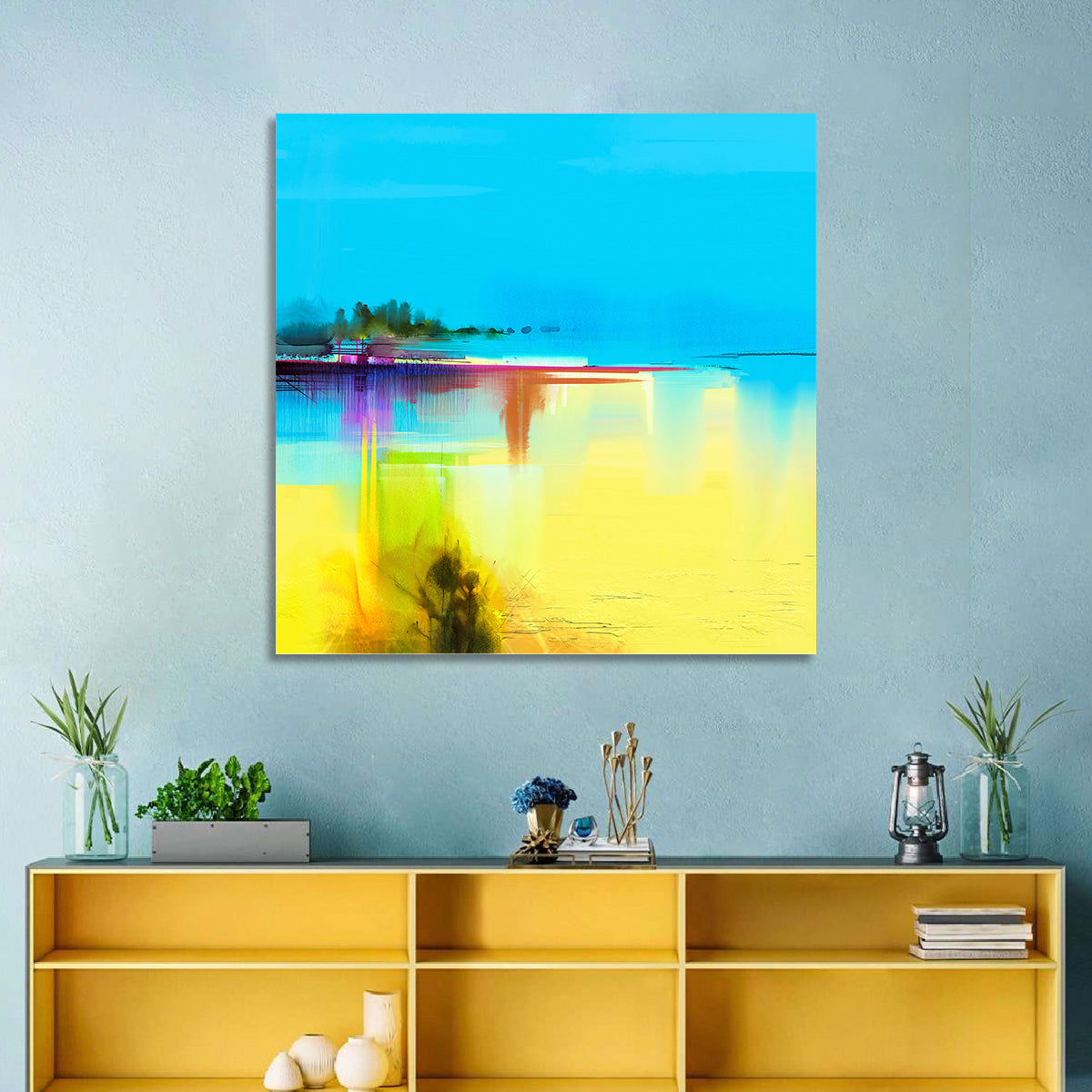 Sunlit Abstract Coastline in Spring Colors Wall Art in a room, square