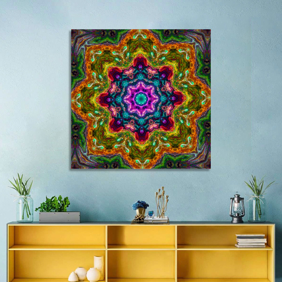 Vibrant Kaleidoscopic Mandala Ornament Wall Art in a room, square