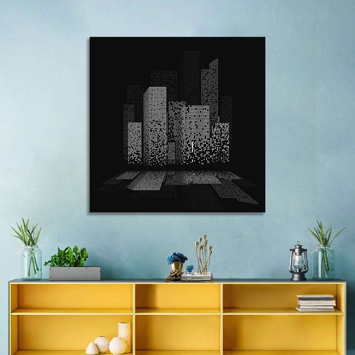 City Lights Abstract Wall Art in a room, square