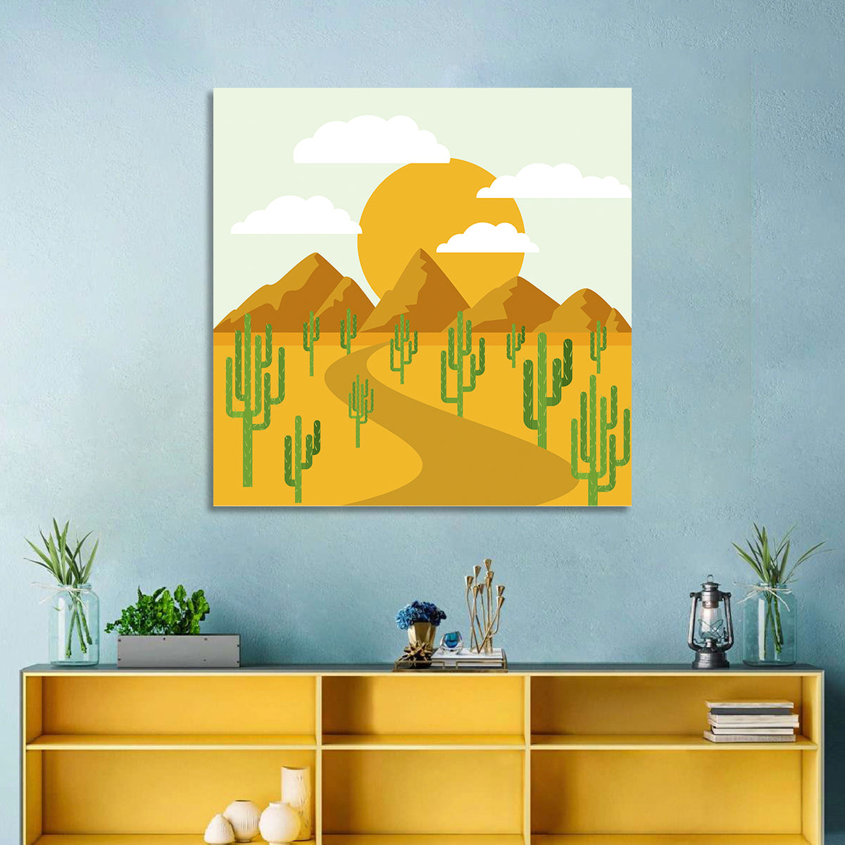 Cloudy Desert Road Wall Art in a room, square
