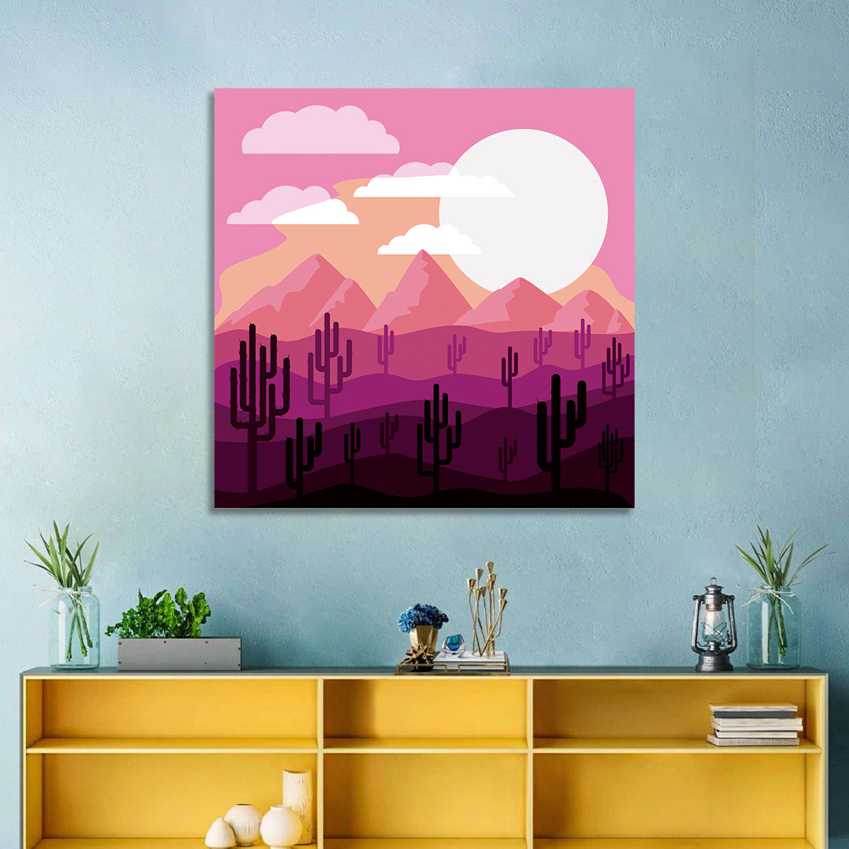 Saguaro Sunset Illustration Wall Art in a room, square
