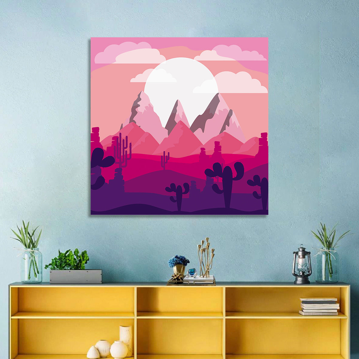 Magenta Desert Mountains Illustration Wall Art in a room, square