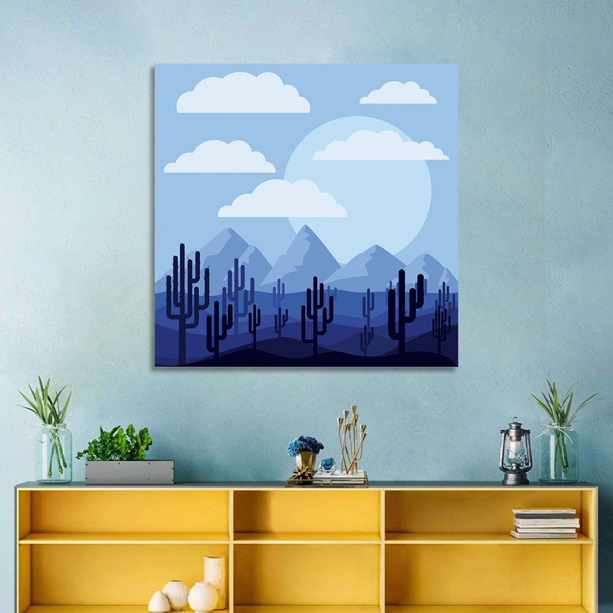 Blue Desert Cactus Illustration Wall Art