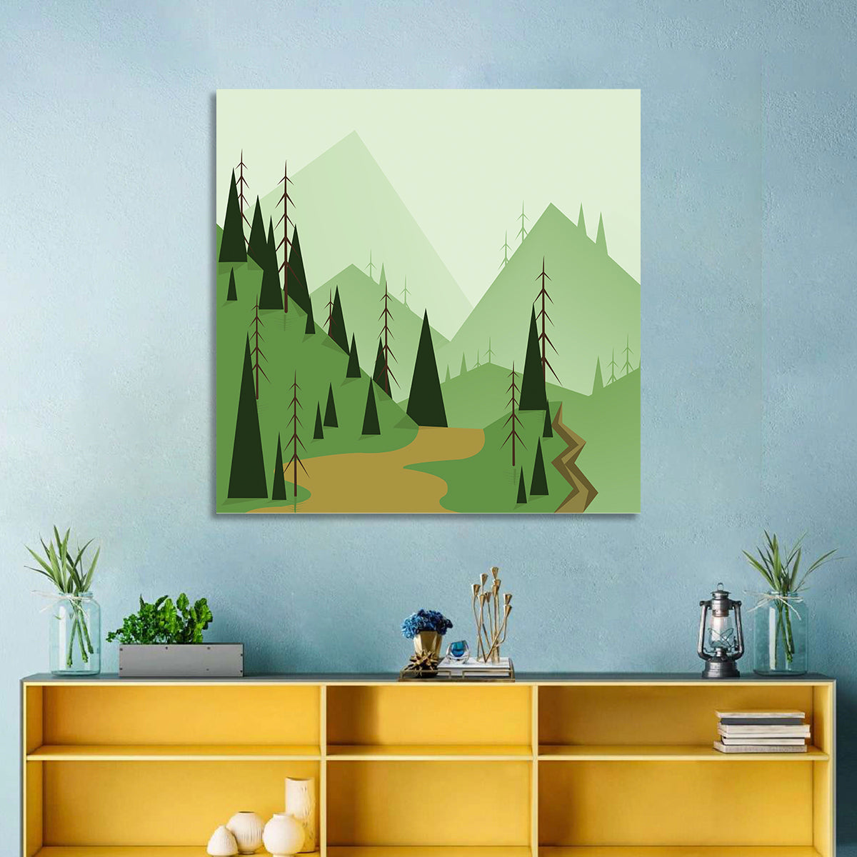 Green Foggy Hills Illustration Wall Art