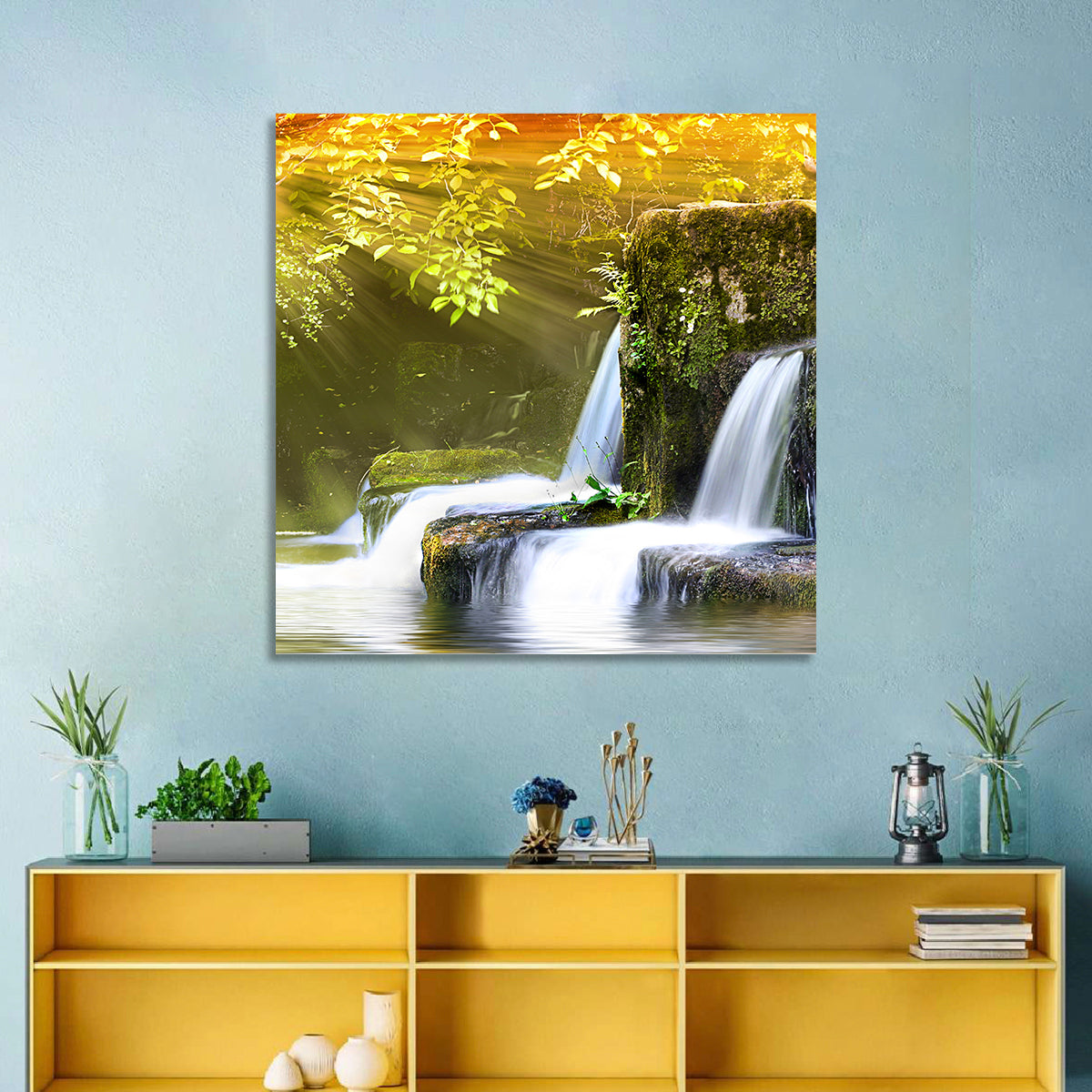 Sunlit Forest Waterfall Wall Art