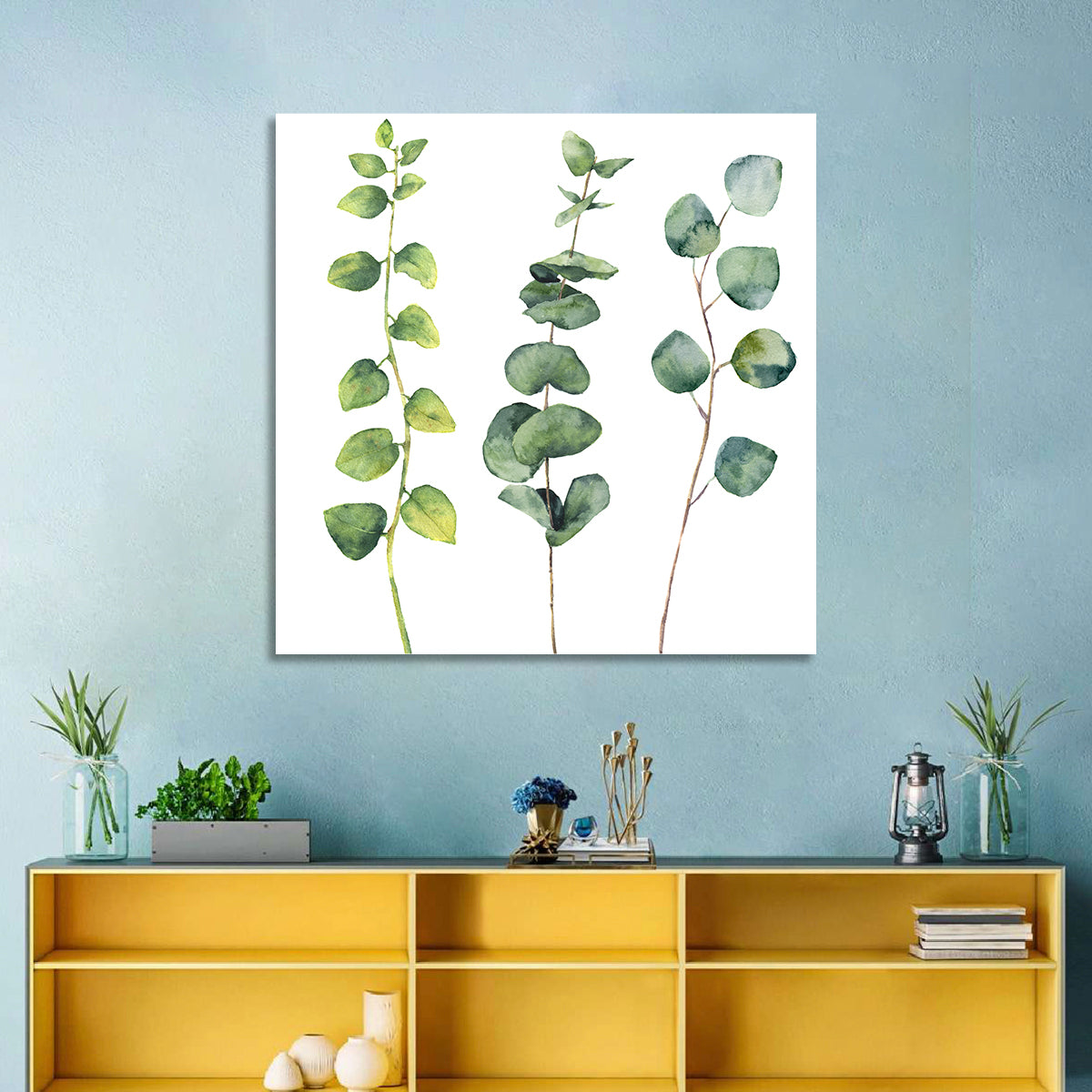 Watercolor Eucalyptus Stems Wall Art in a room, square