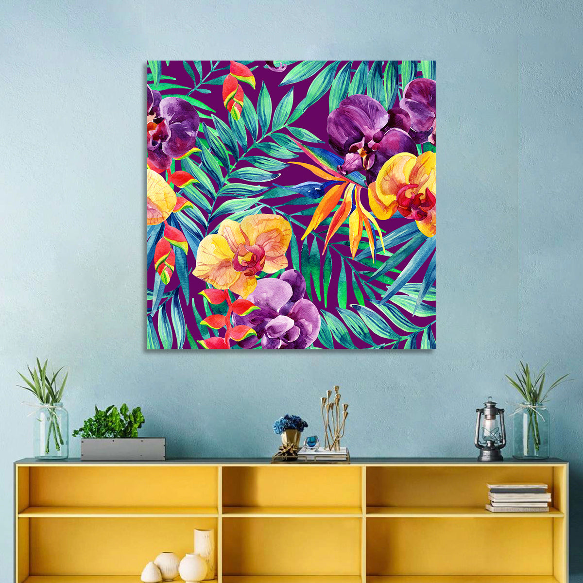 Tropical Orchid and Palm Pattern Wall Art in a room, square