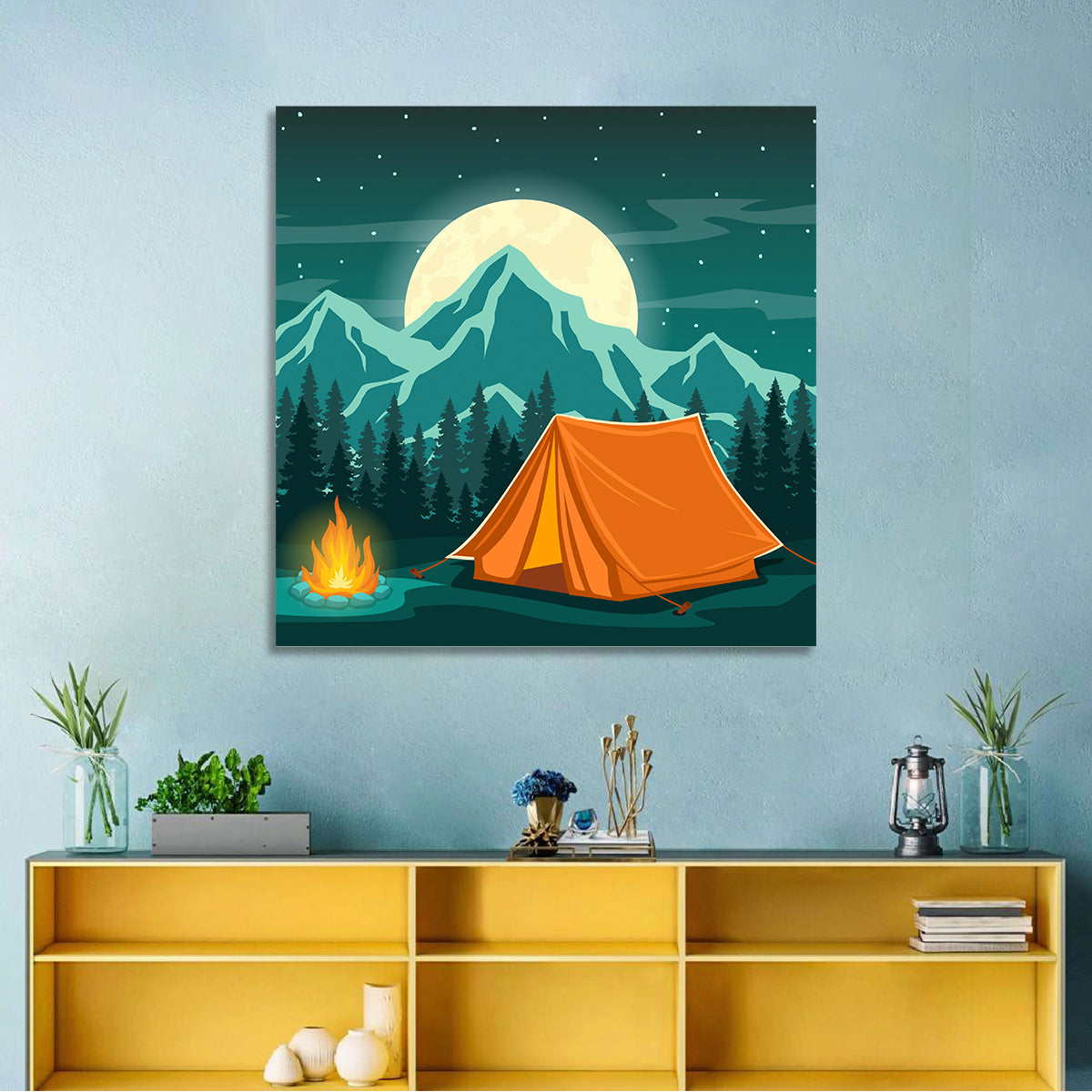 Moonlit Campfire Landscape Wall Art in a room, square