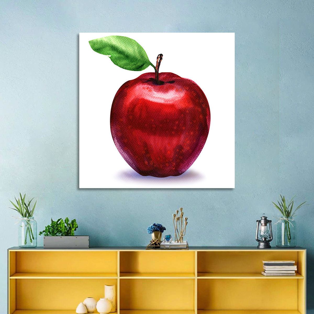 Red Apple Watercolor Wall Art in a room, square