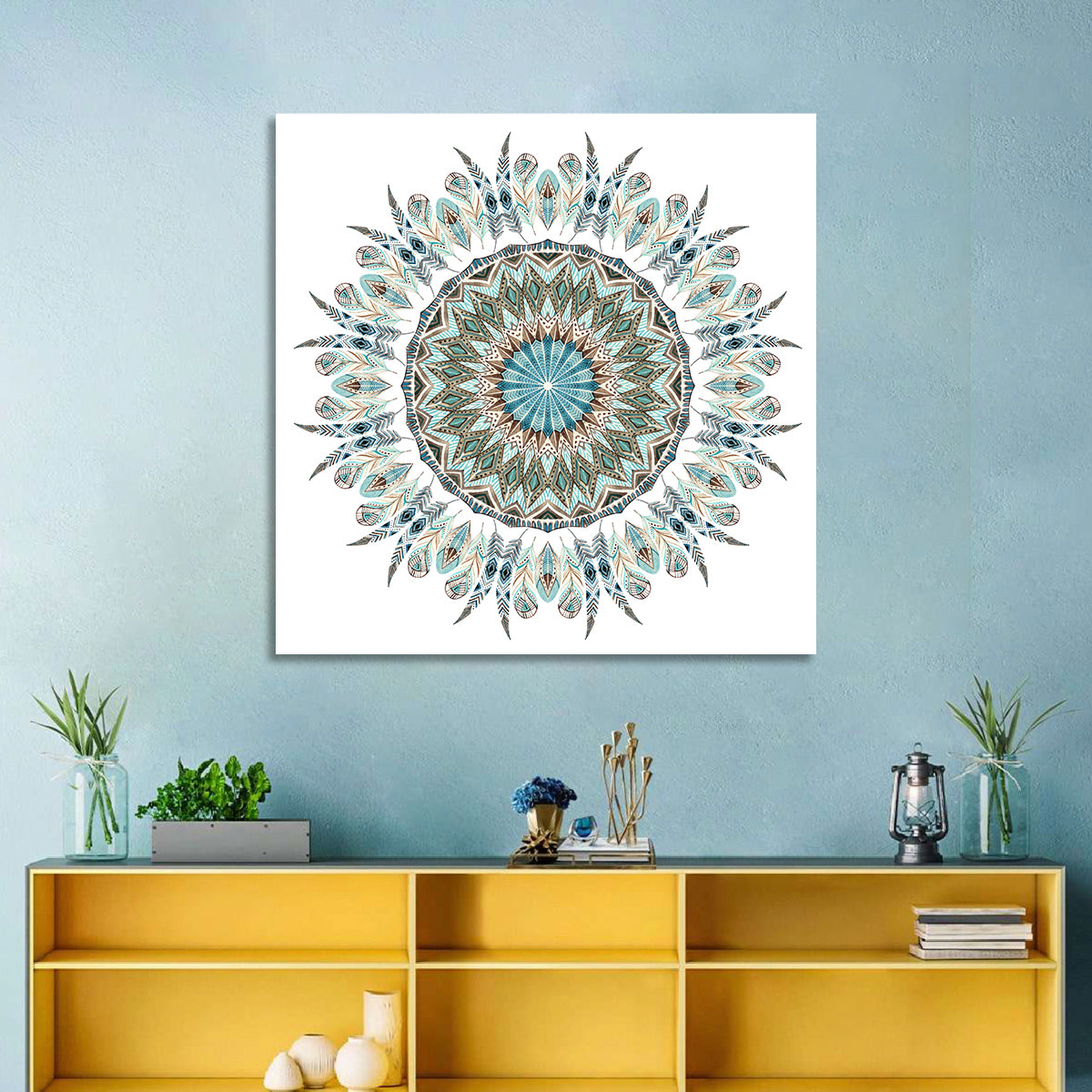 Layered Feather Mandala Wall Art in a room, square