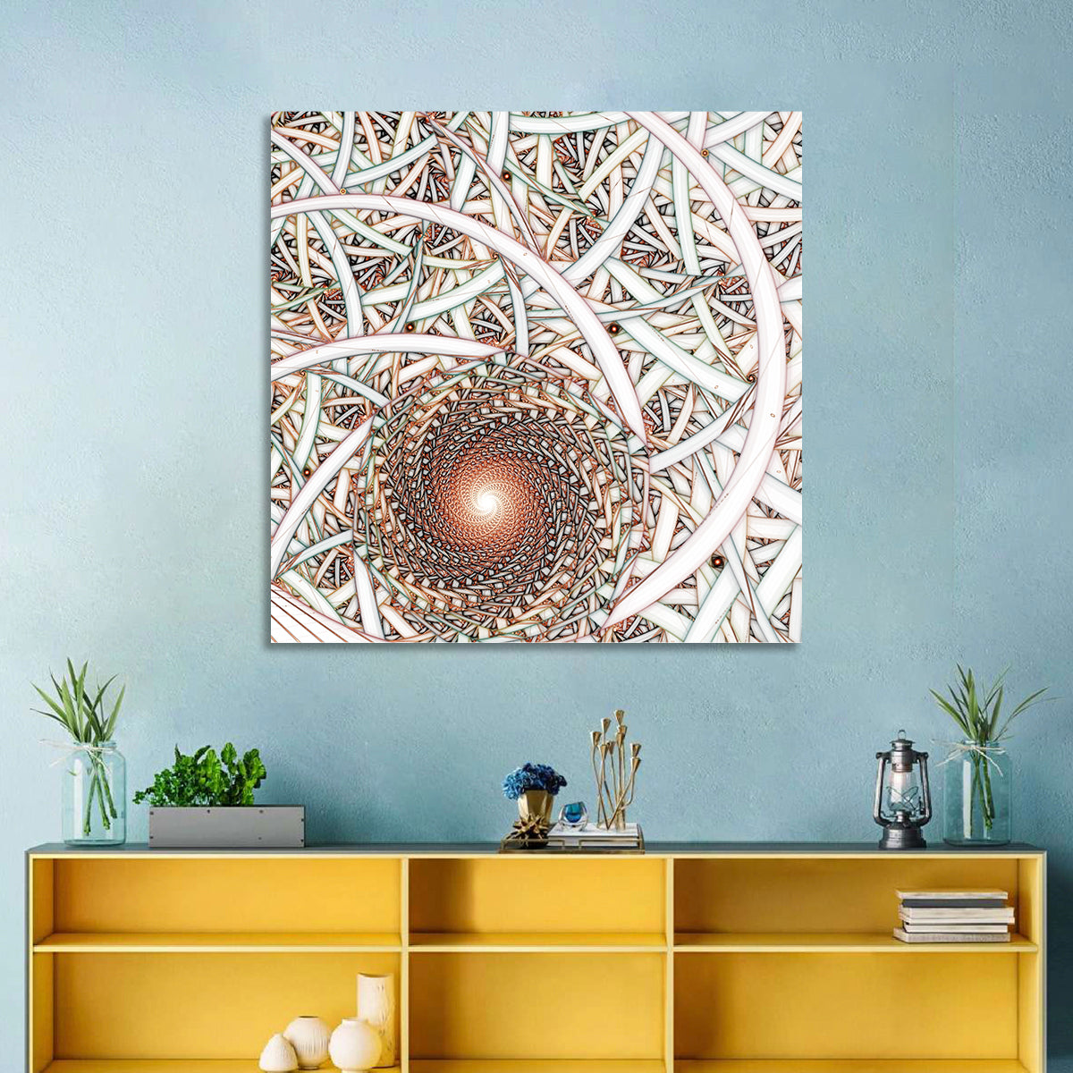 Copper Fractal Spiral Mandala Wall Art in a room, square