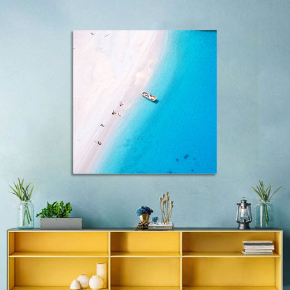 Aerial Beach Bay with White Boat Wall Art