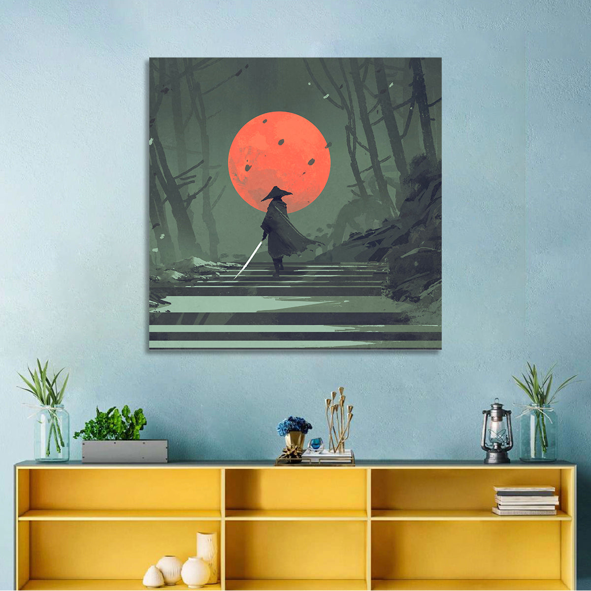 Samurai Under Red Moon Wall Art