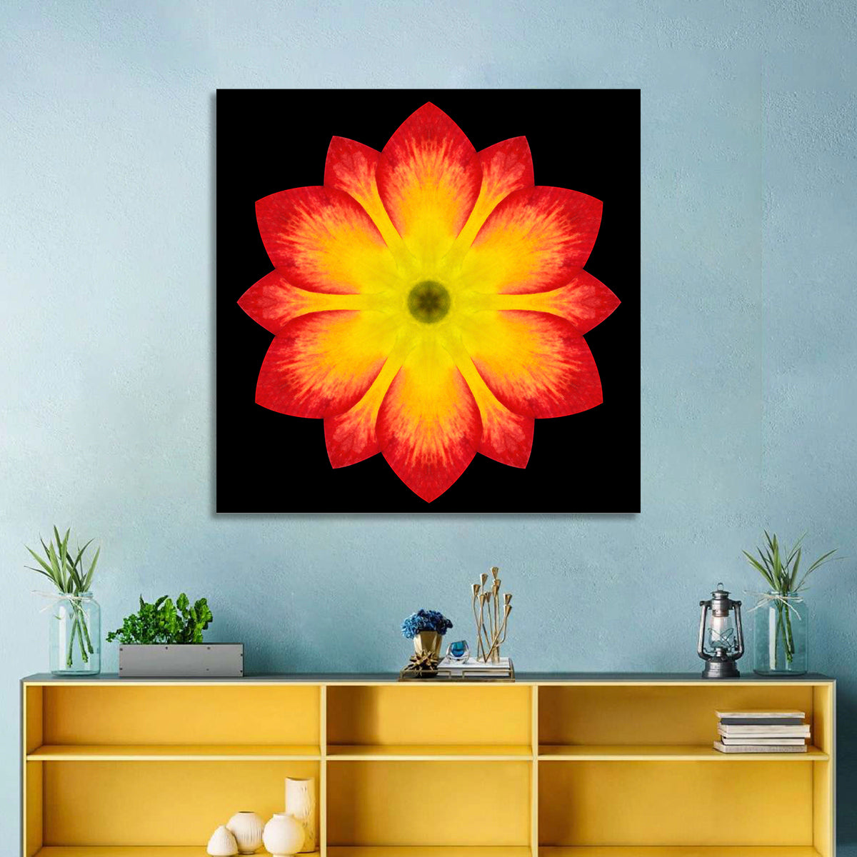 Red Yellow Mandala Flower Pattern Wall Art in a room, square