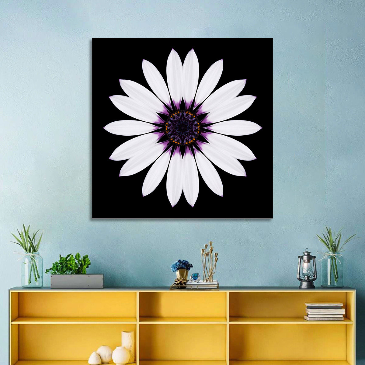 White Daisy Mandala on Black Wall Art