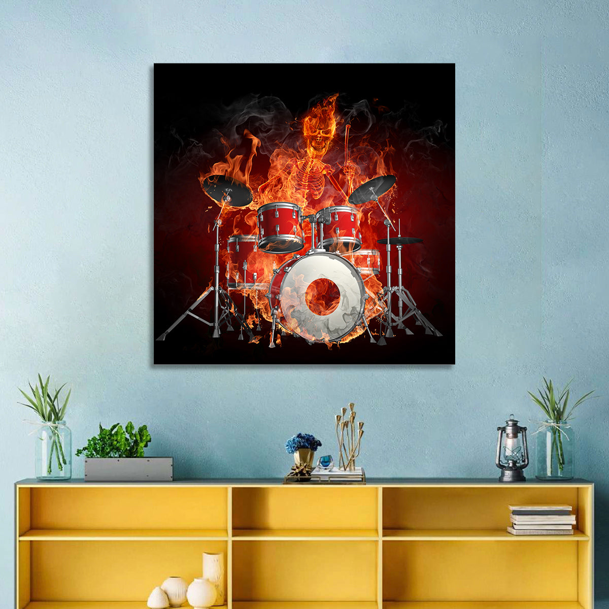 Flaming Skeleton Drummer Wall Art in a room, square