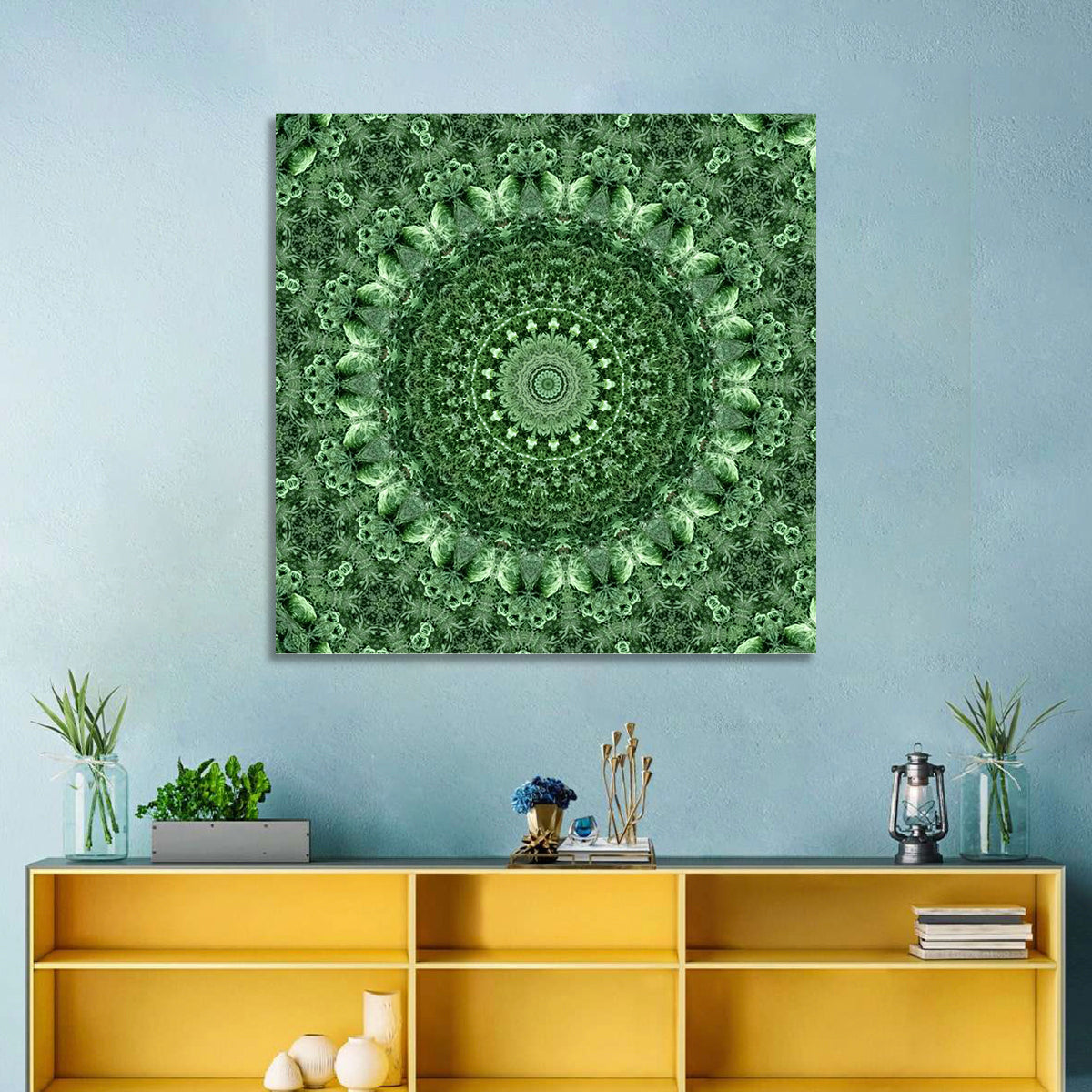 Green Botanical Kaleidoscope Mandala Wall Art in a room, square