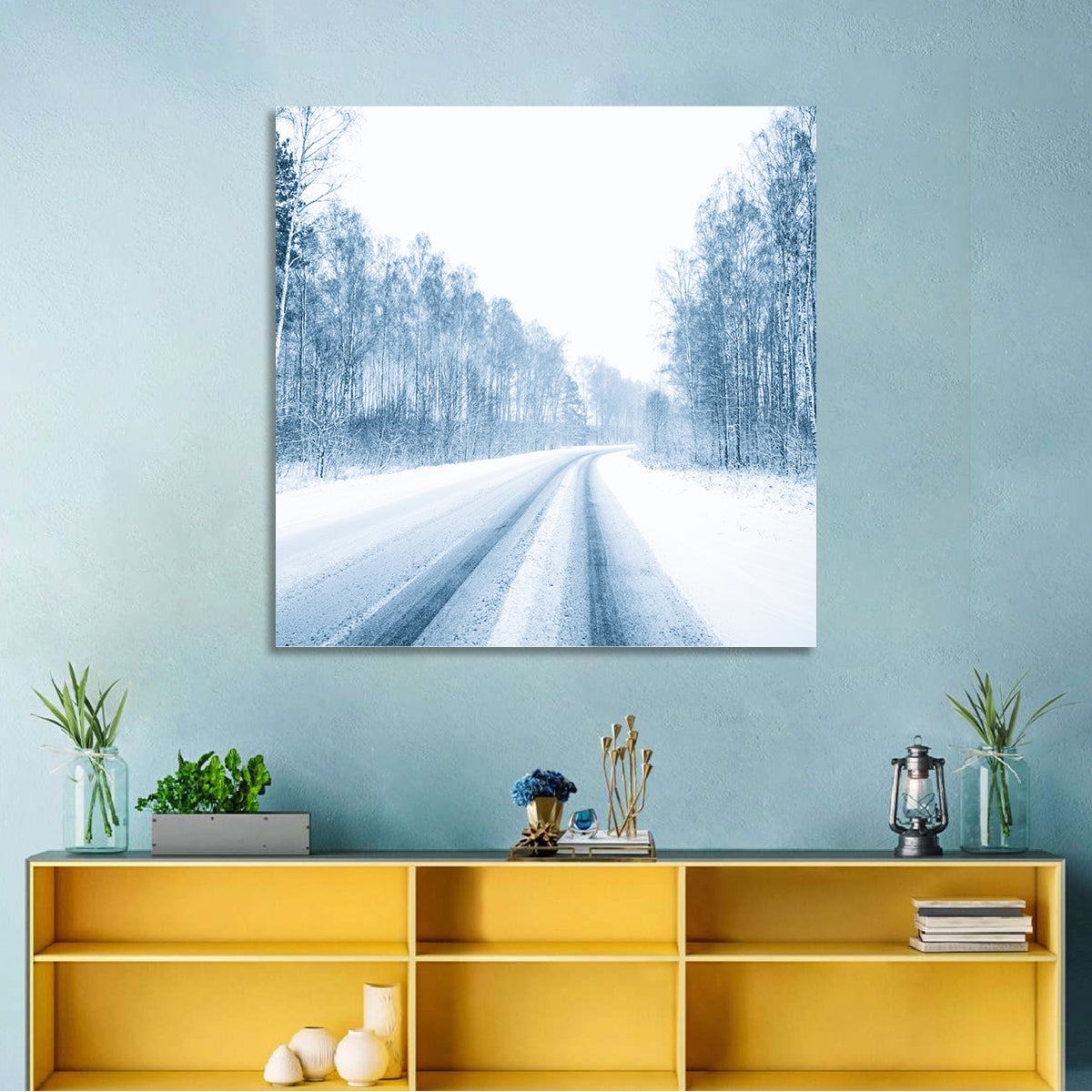 Tire Tracks on Snowy Road Wall Art