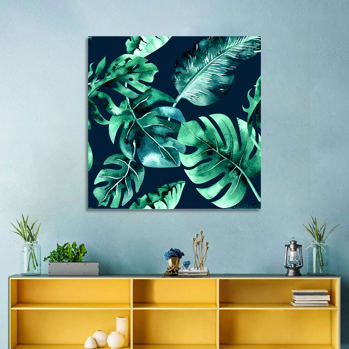 Tropical Watercolor Leaf Pattern Wall Art in a room, square