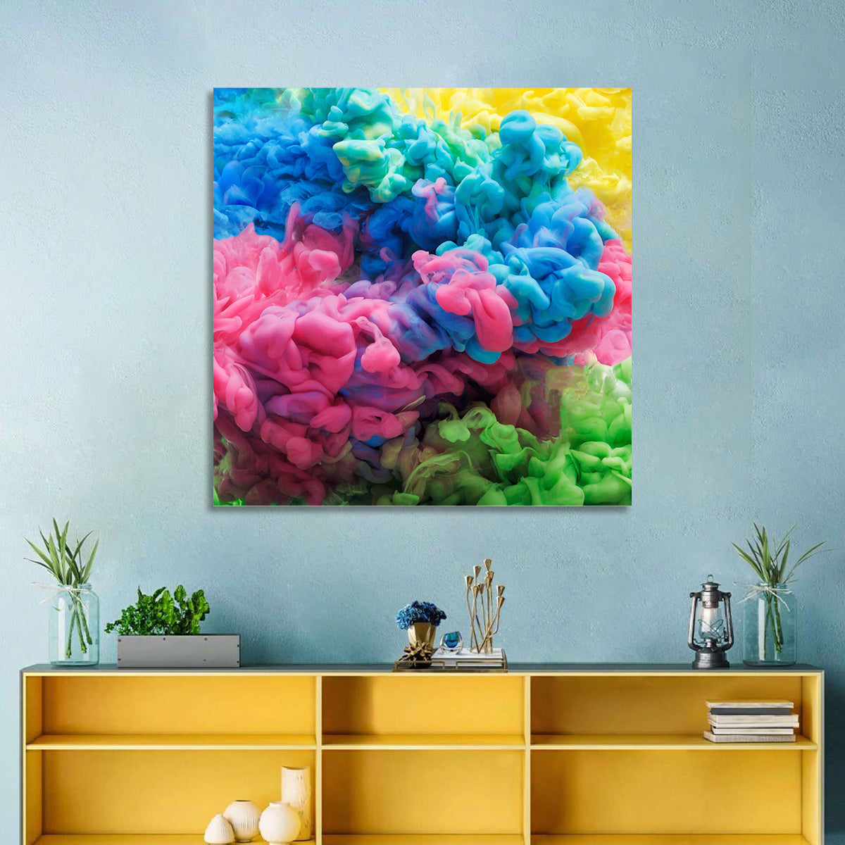 Swirling Ink Plumes Wall Art in a room, square