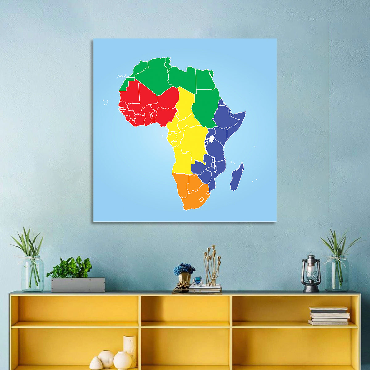 Color Coded Africa Map Wall Art in a room, square
