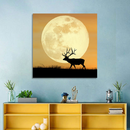 Bull Elk Silhouette Under Supermoon Wall Art