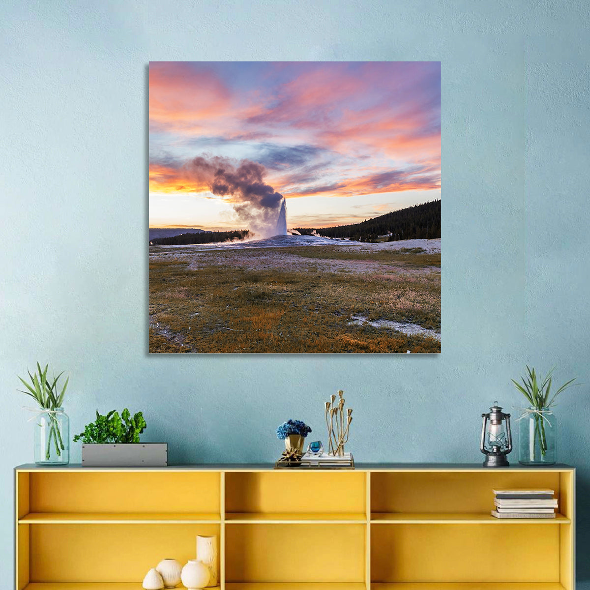 Old Faithful Erupting at Sunset Wall Art
